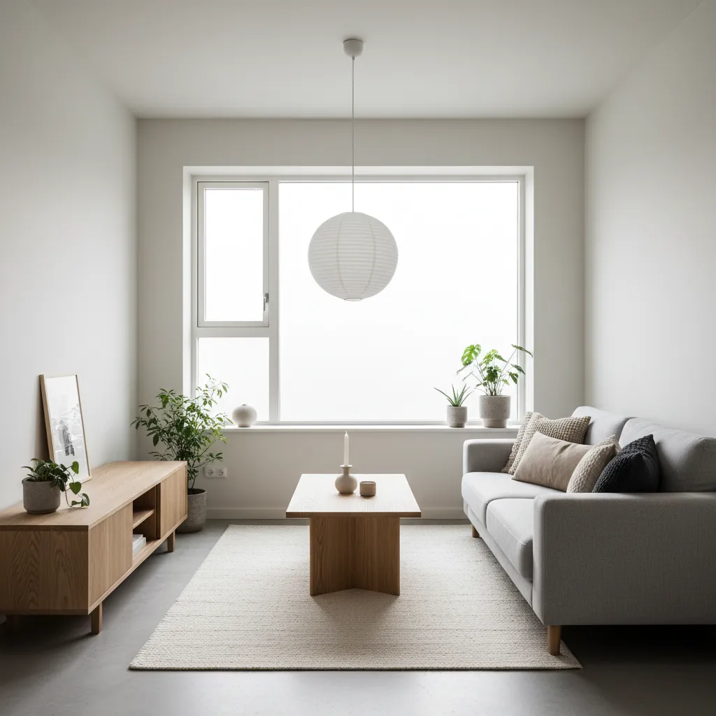 Sala minimalista en casa pequeña con luz natural y muebles simples