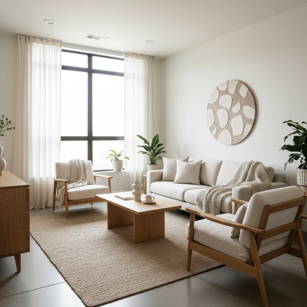 Salón pequeño moderno con estilo minimalista y tonos claros