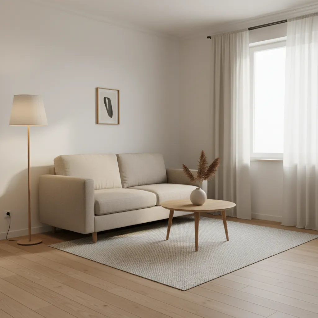 Sala pequeña con diseño minimalista y muebles funcionales