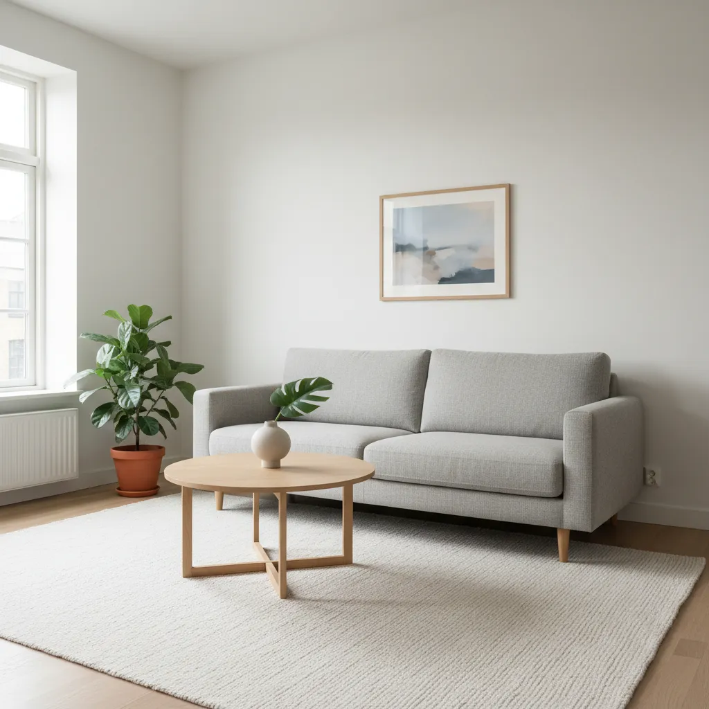 Cozy living room with gray sofa round coffee table green plant and artwork on wall