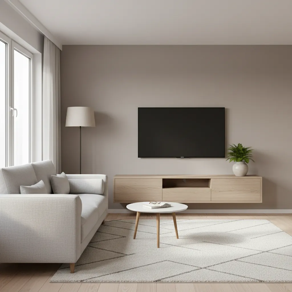 minimalist TV wall in a small living room with floating console
