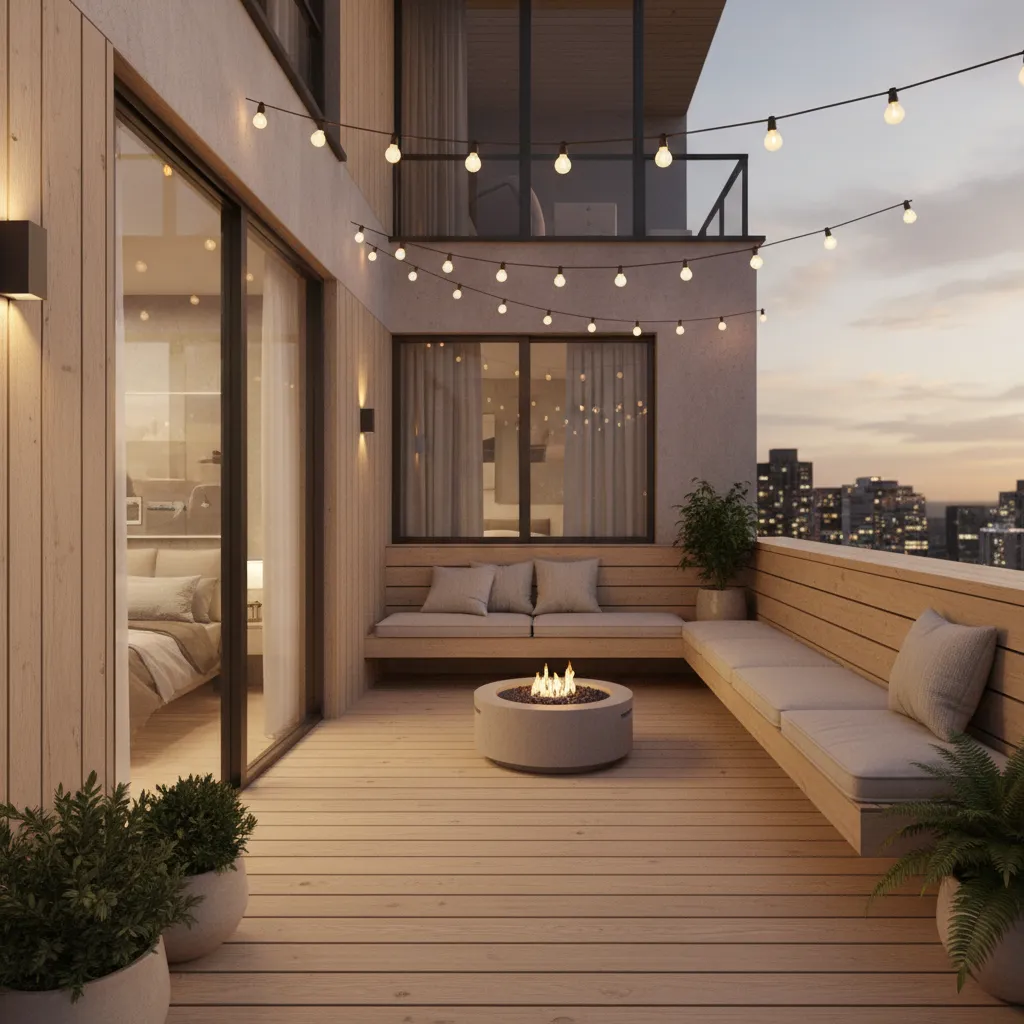 Minimalist small master bedroom deck with bench seating and warm lighting