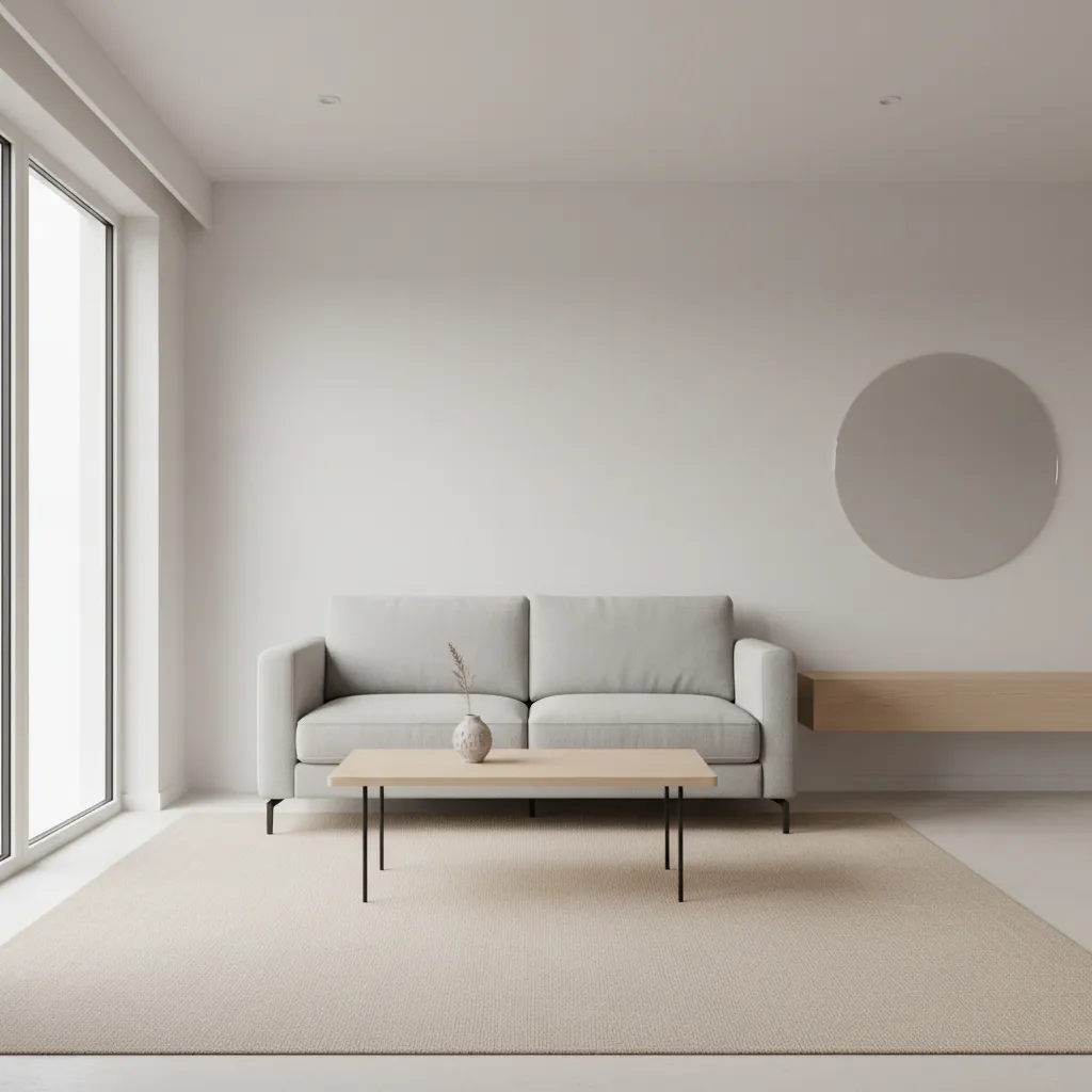 minimalist small open living room layout with simple furniture and clean space