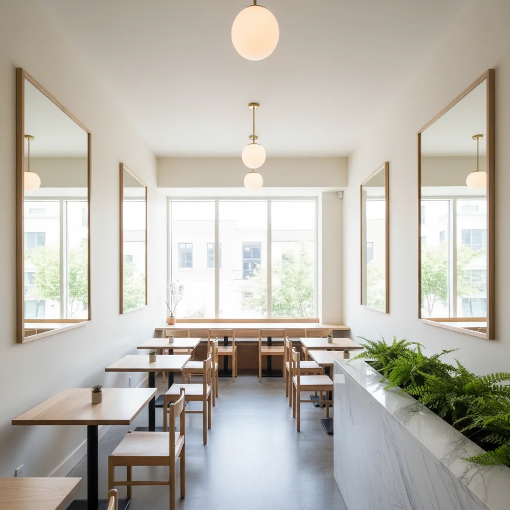 Minimalist cafe interior with wooden tables, chairs, wall mirrors, globe ceiling lights, and green plants