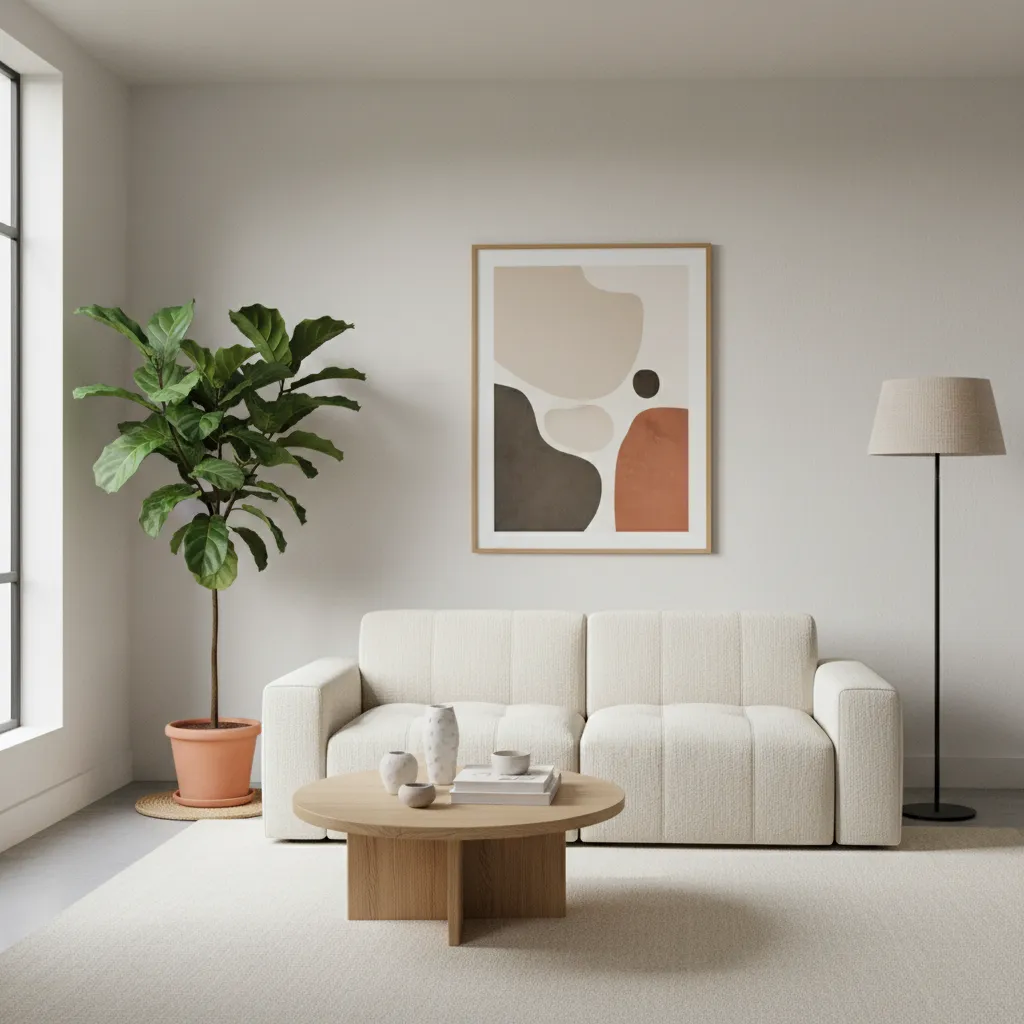 Decoración minimalista con planta grande y arte en pared en sala pequeña