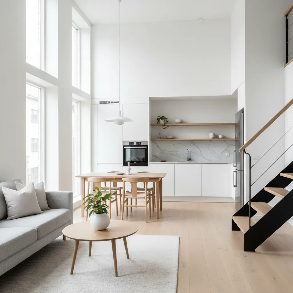 Interior minimalista de casa pequeña con espacios abiertos y mucha luz natural