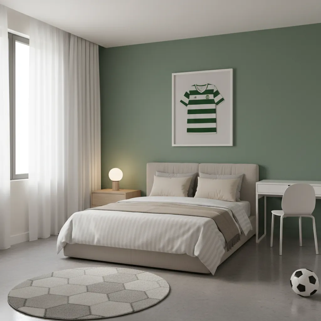 minimalist soccer themed bedroom with framed jersey and neutral decor