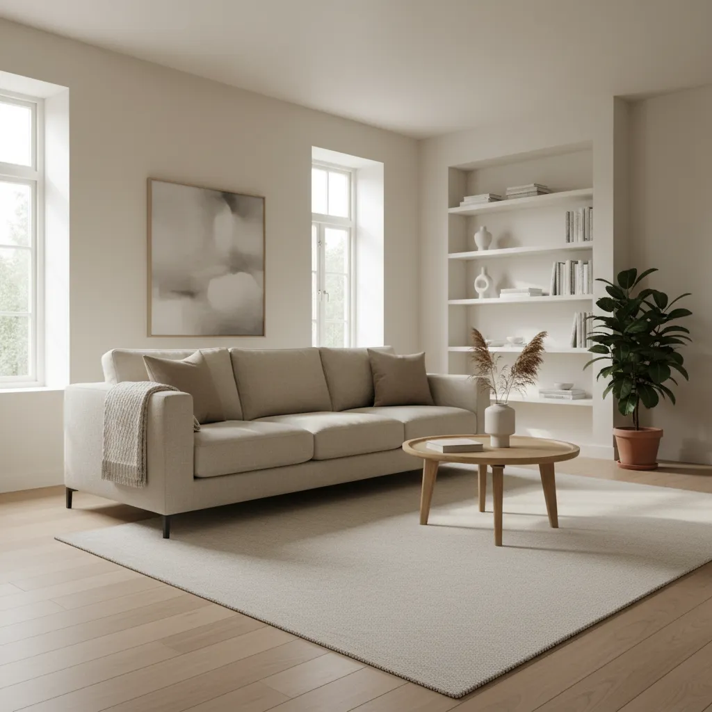 Sofá moderno de líneas rectas en una sala minimalista