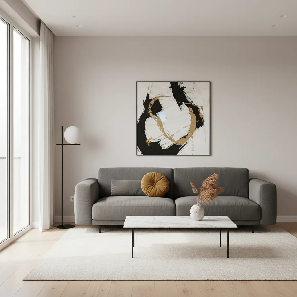 Minimalist living room sofa with single gold accent pillow