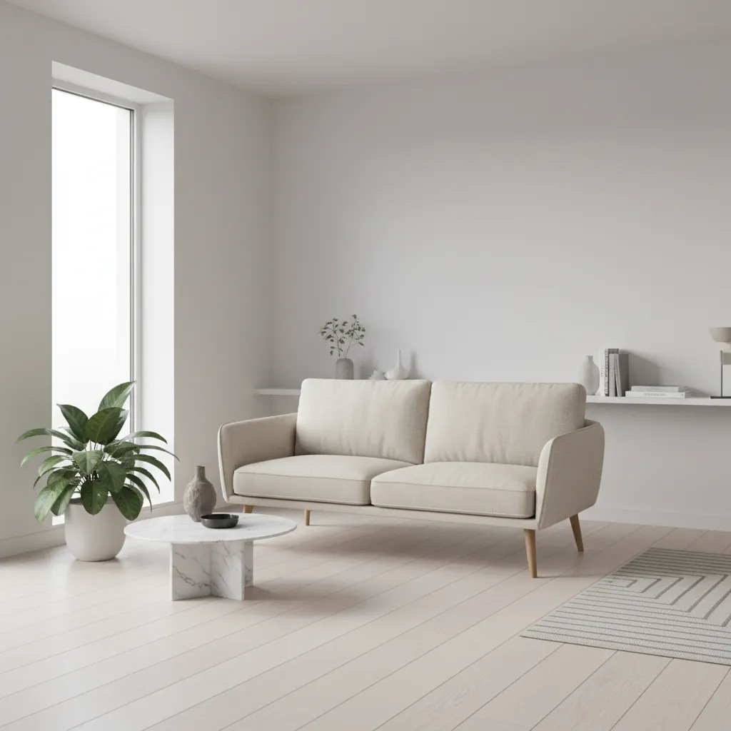 minimalist sofa with thin arms and light upholstery in a small living room