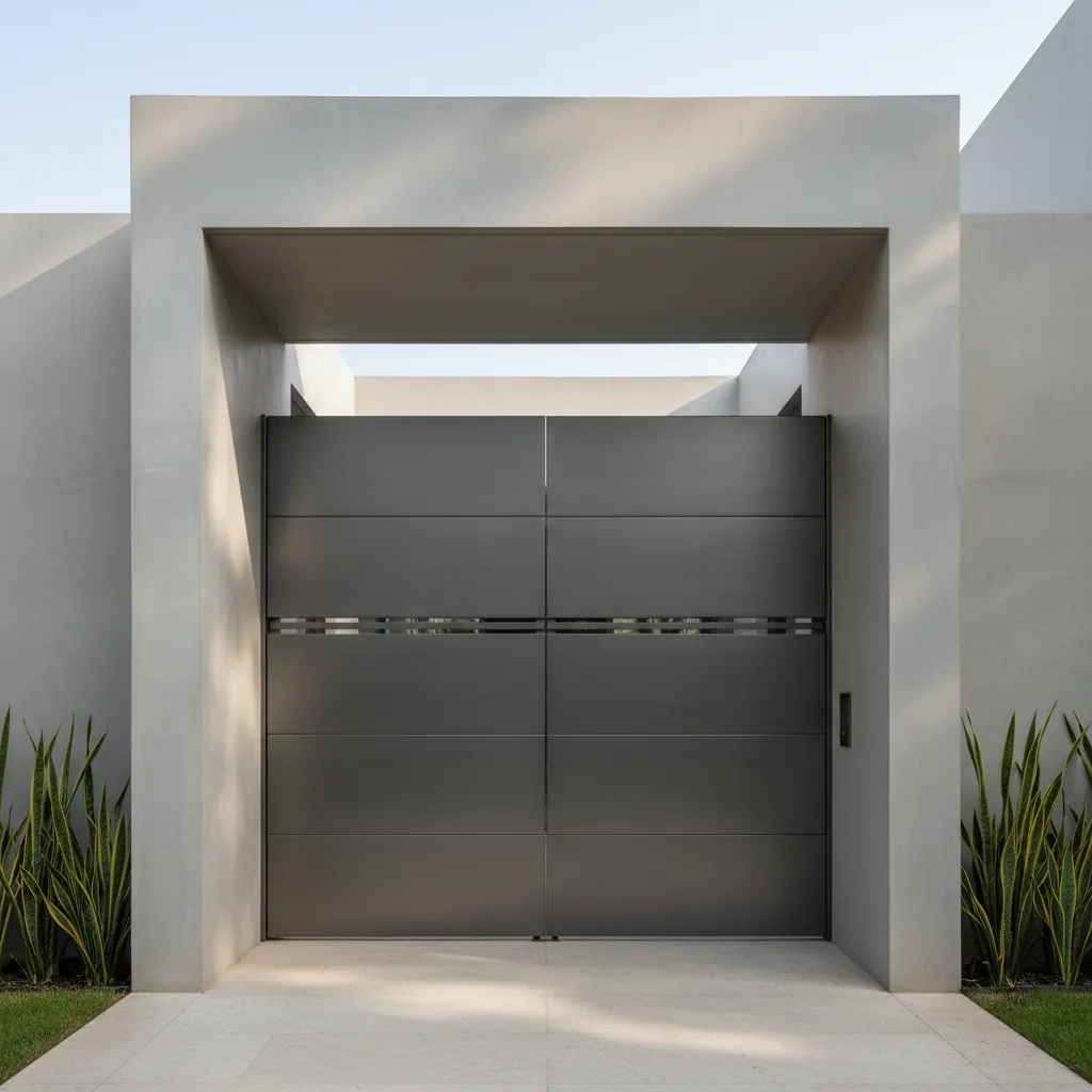 Portón minimalista de panel metálico liso en casa moderna