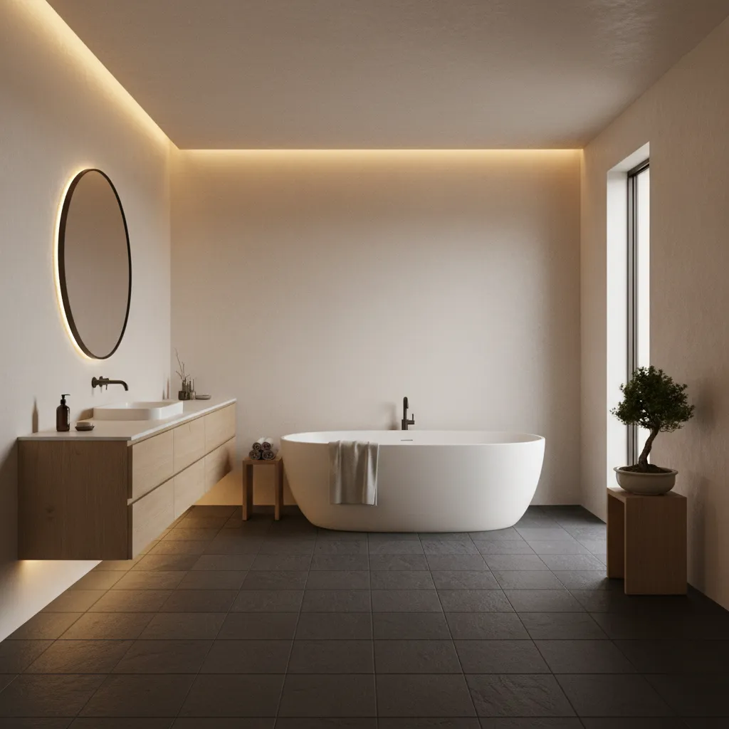 Minimalist spa bathroom with dark floor and wood vanity