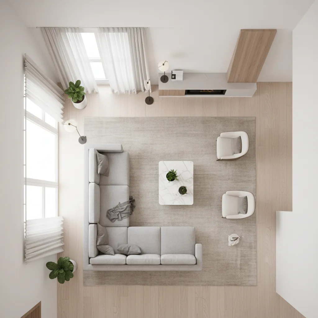 Plano de distribución minimalista de sala y comedor