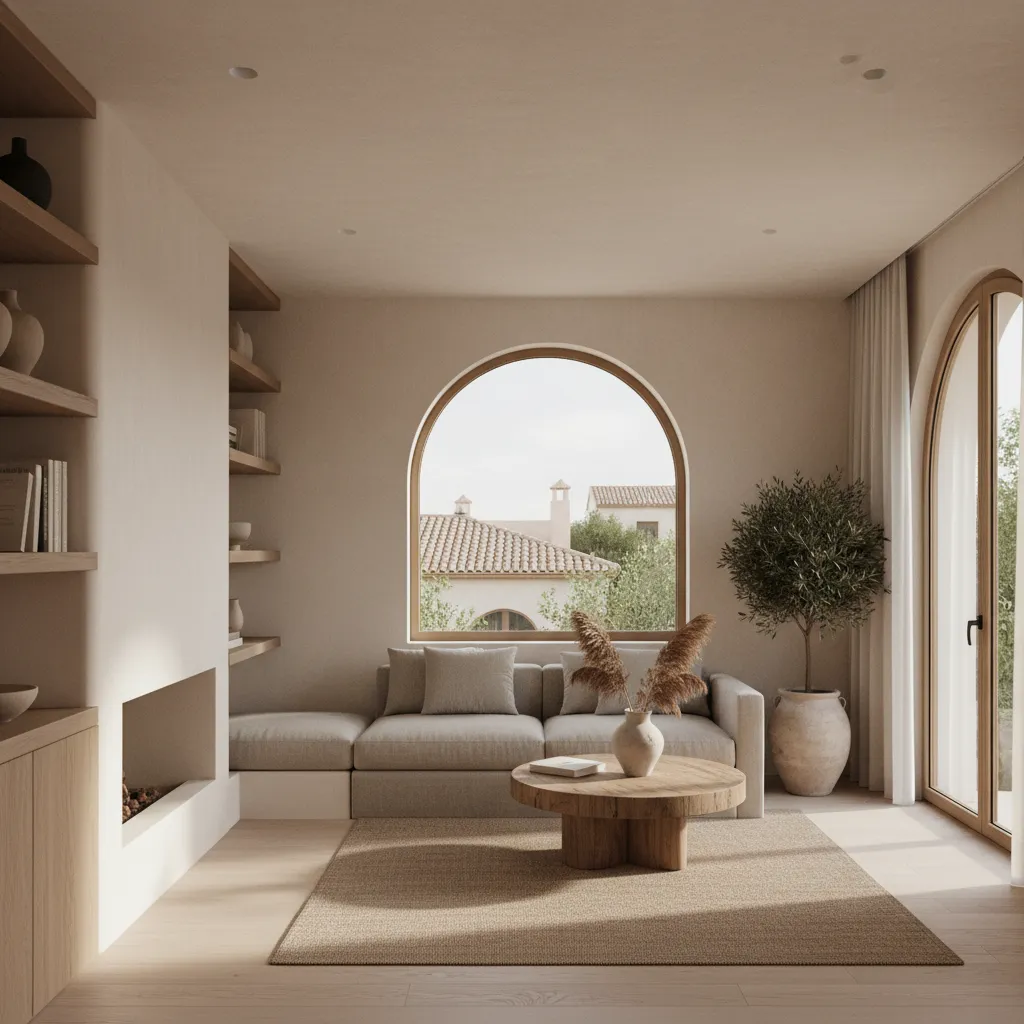 Minimalist living room with arched window beige sofa round wood coffee table shelves and plant