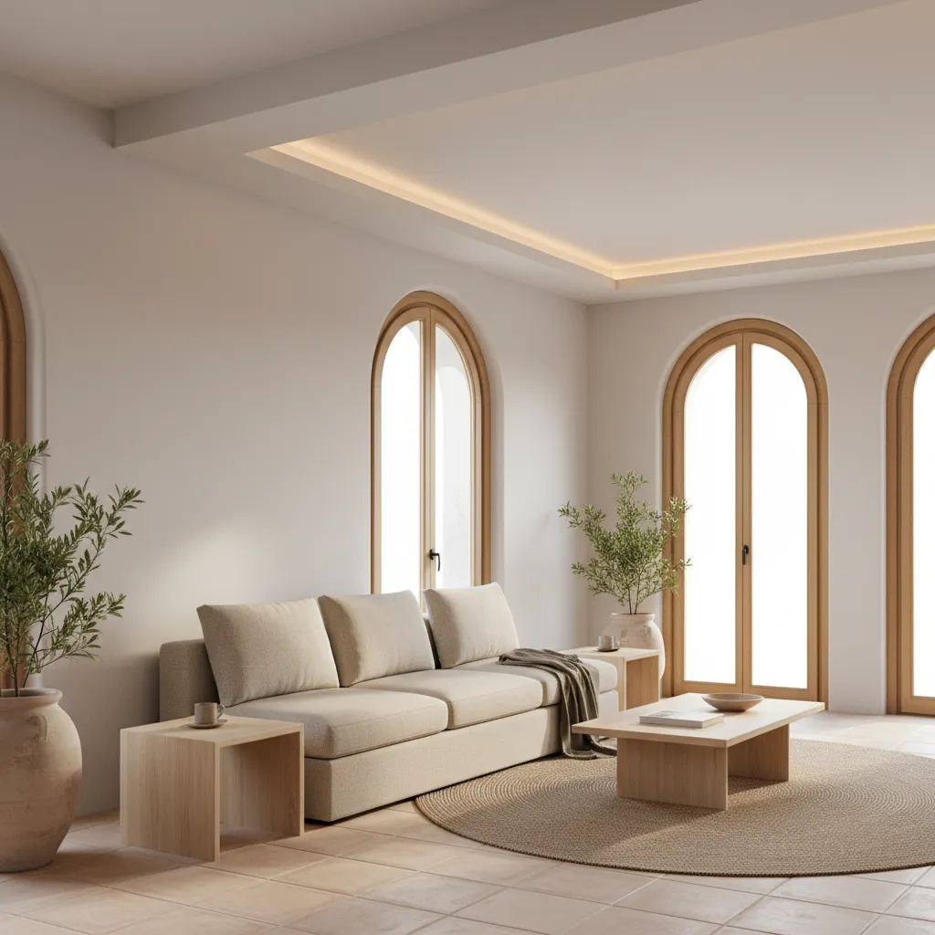 Salón minimalista con sofá neutro, madera clara y grandes ventanas