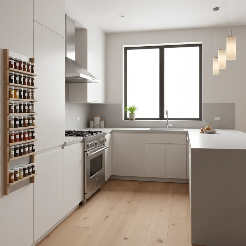 minimalist spice rack beside stove in small kitchen