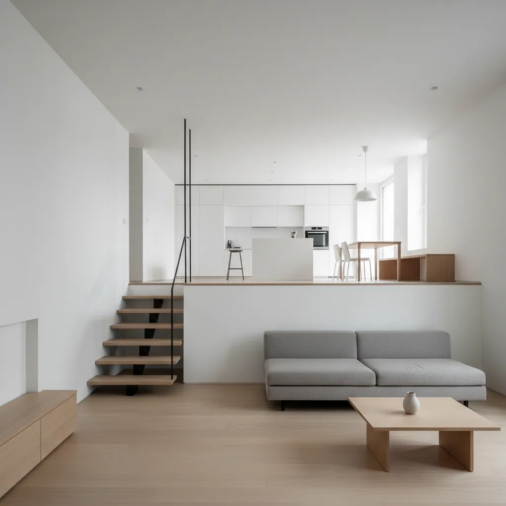 Interior minimalista en vivienda en desnivel con líneas limpias