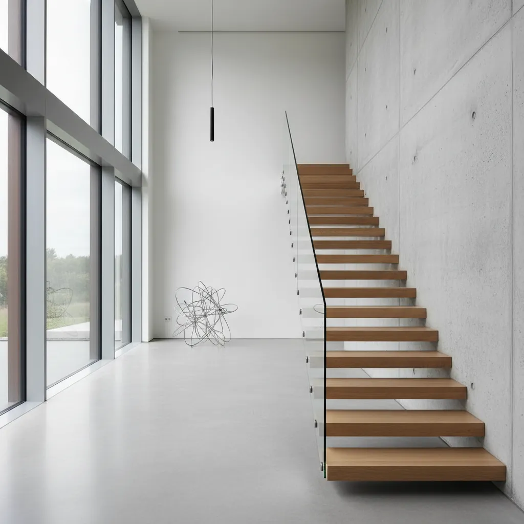 Escalera moderna con barandilla de vidrio en interior minimalista