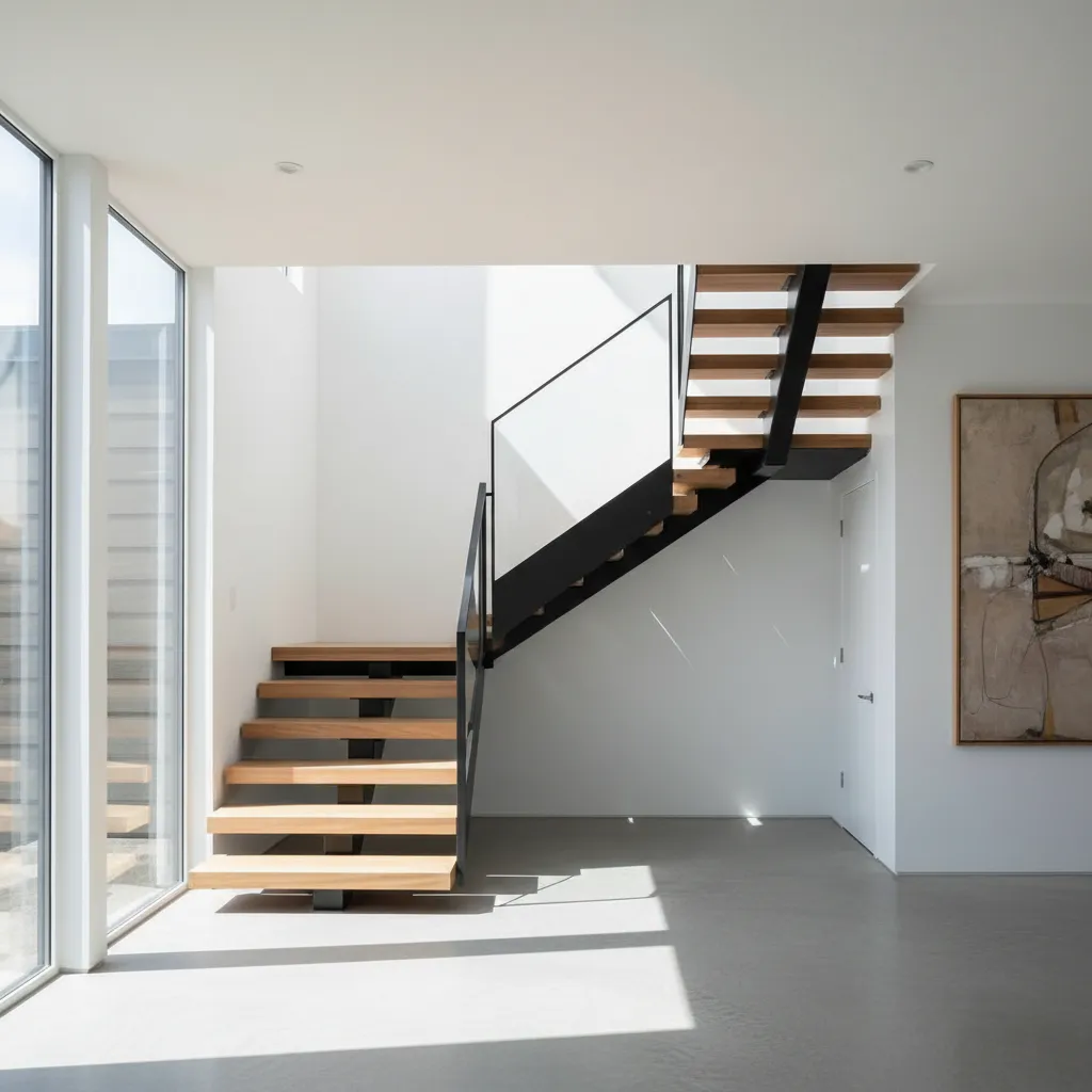Modern wooden stairs with black metal frame white walls large window and a wall painting