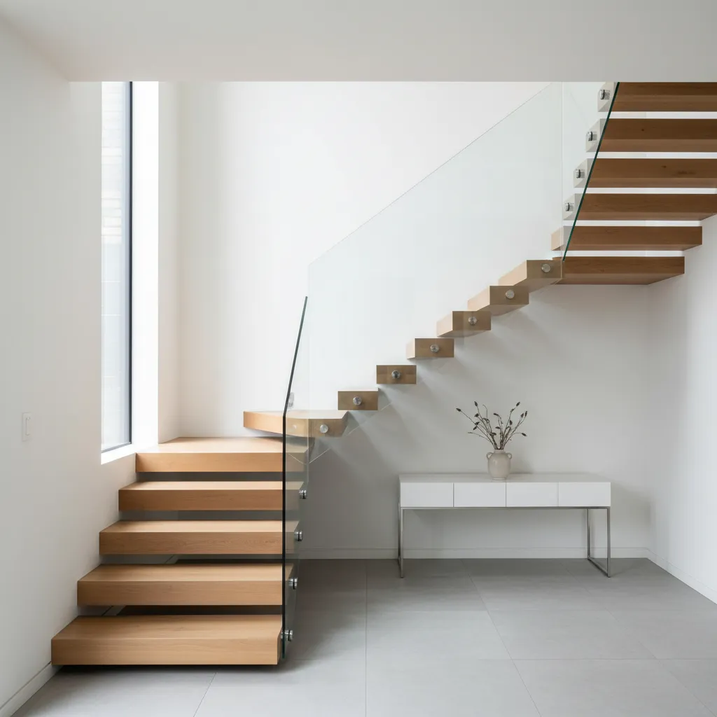Escalera minimalista con barandilla de vidrio en casa moderna