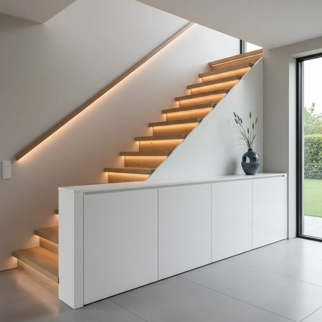 Espacio bajo escalera minimalista con almacenamiento integrado