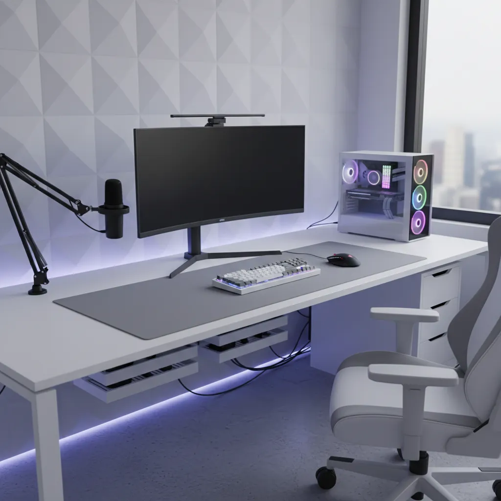 minimalist gaming desk used by streamers with clean layout and large mouse pad