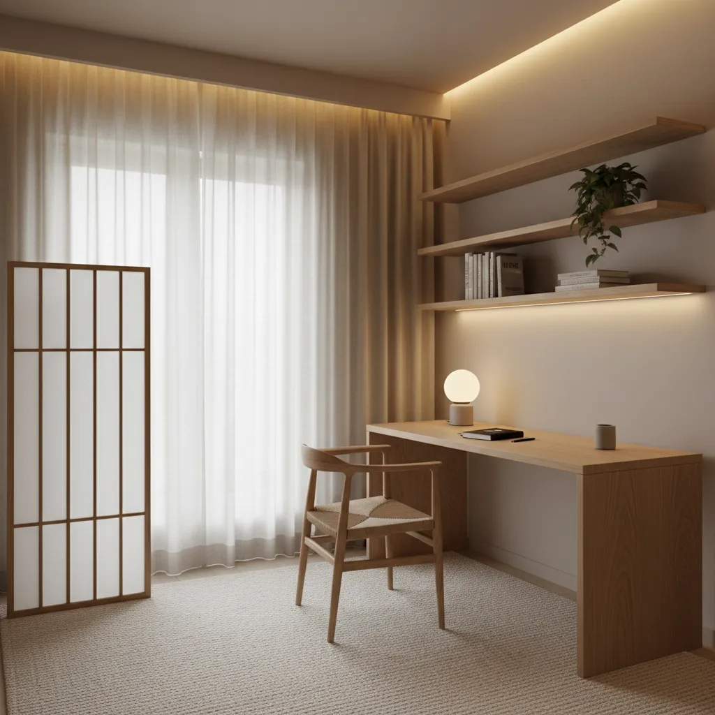 minimalist japandi style study room with wood desk and calm decor
