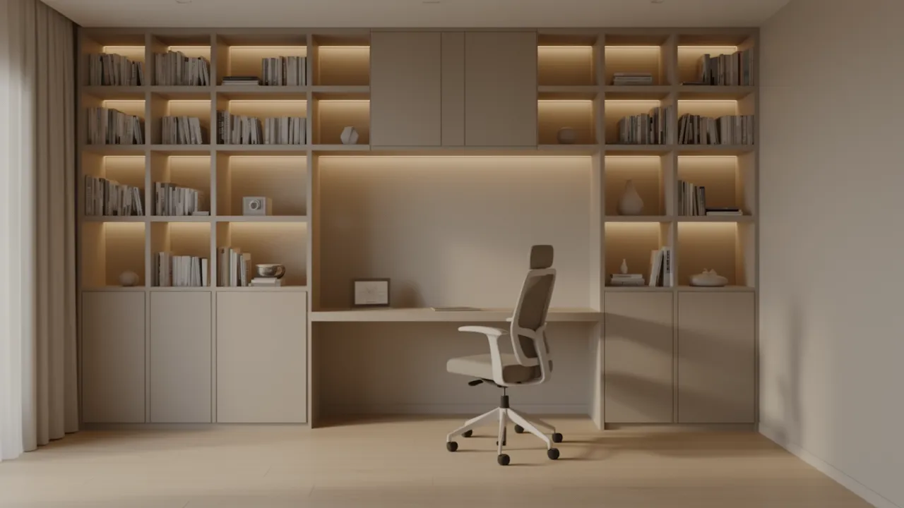 minimalist contemporary study room with built in storage and desk