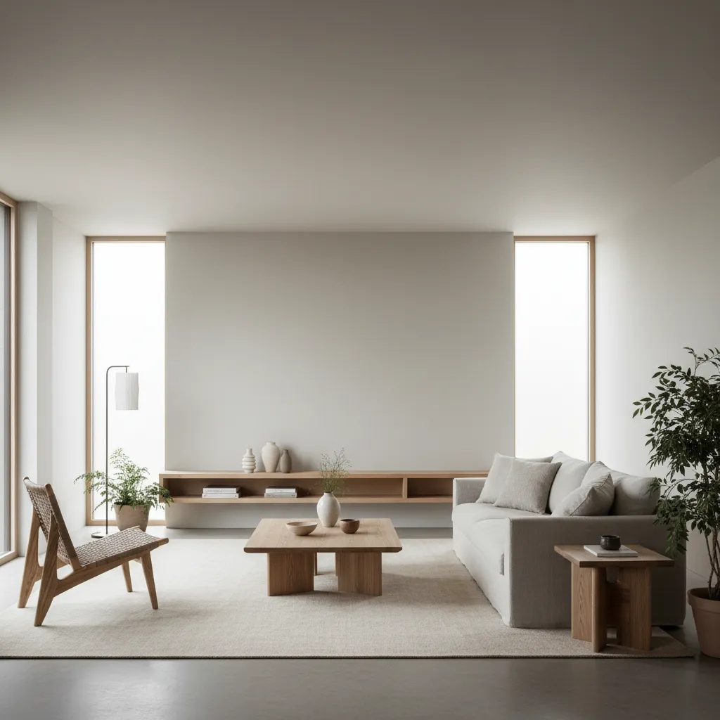 Interior minimalista sostenible con pocos muebles y materiales naturales