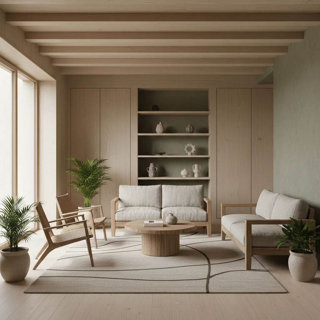 Interior minimalista sostenible con pocos muebles y materiales naturales