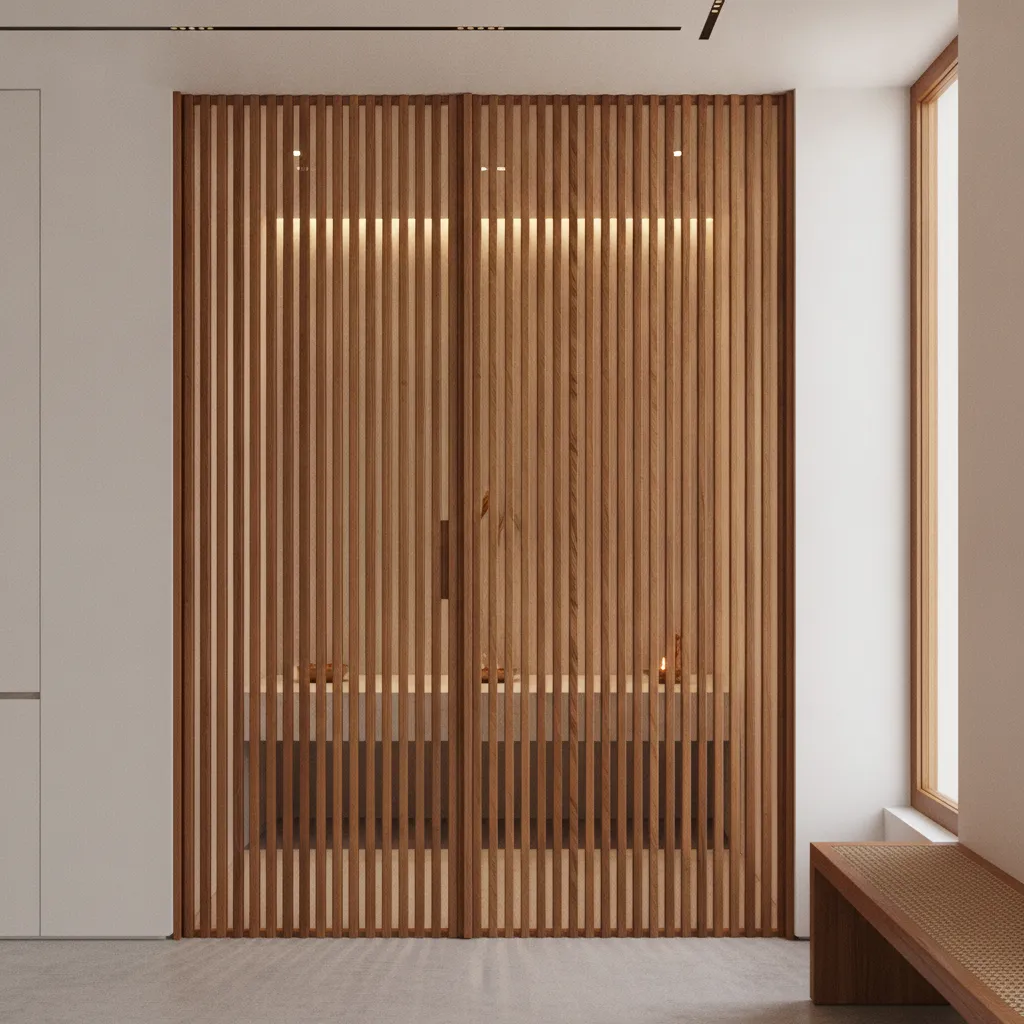 Minimalist slatted teak wood pooja room door design
