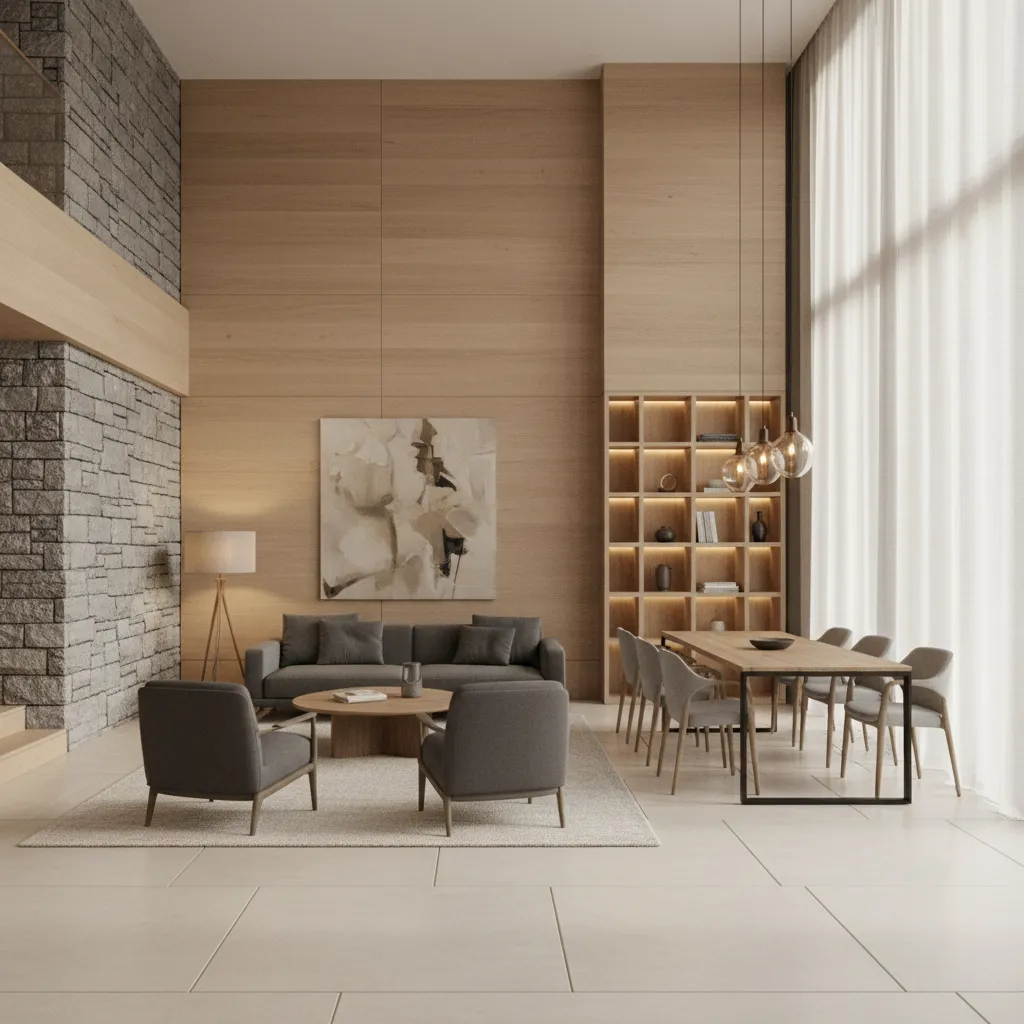 Interior minimalista con texturas naturales como madera y piedra