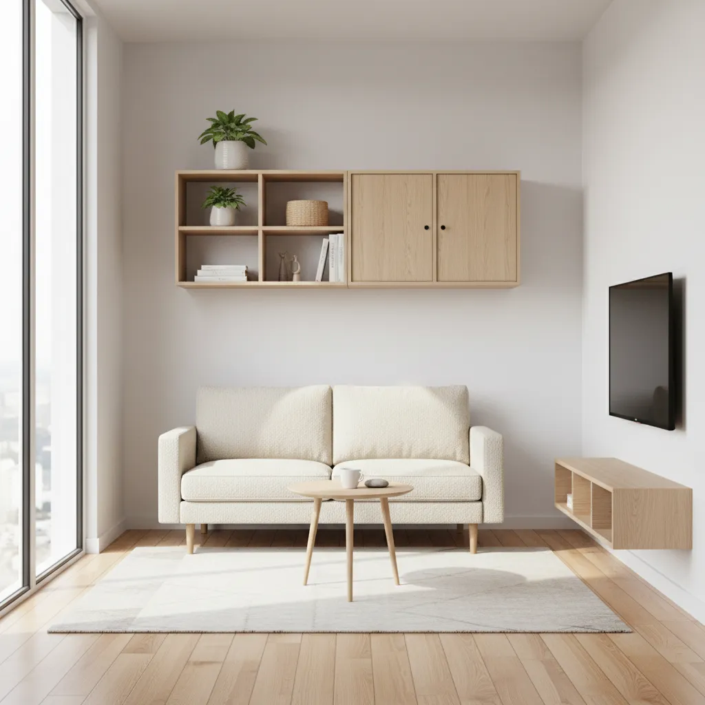 Sala de estar minimalista dentro de una casa diminuta