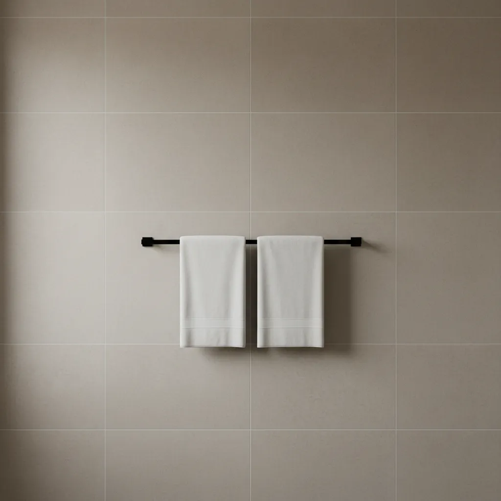 minimalist bathroom towel rack with properly spaced towels