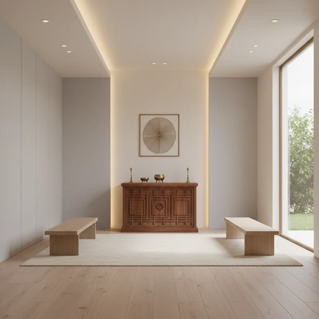 Hybrid minimalist and traditional prayer room with simple altar and cultural decor