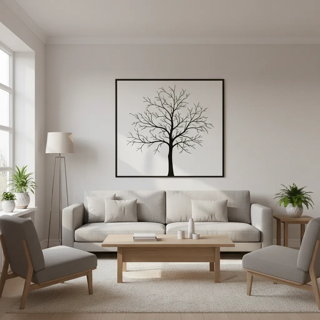Minimalist black tree silhouette wall painting behind sofa in modern living room