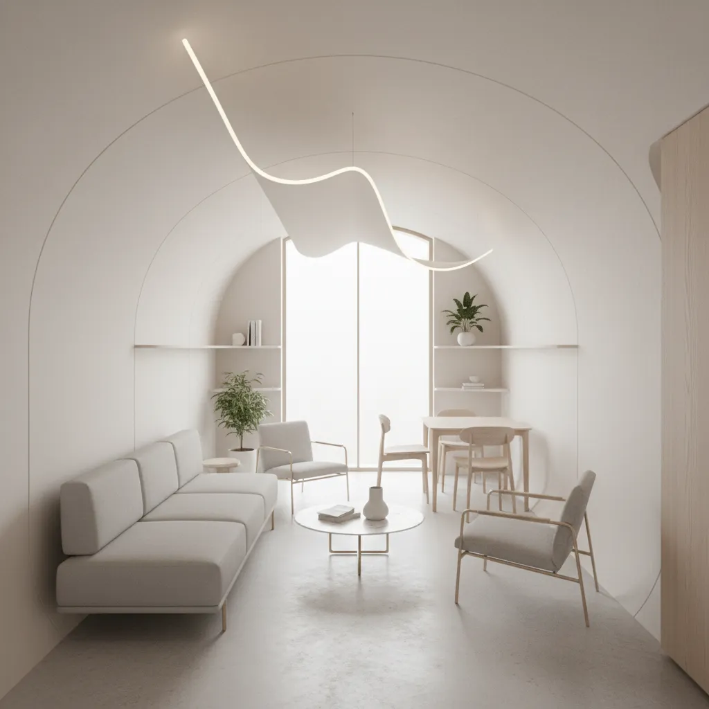 White arched living room with grey sofa wooden chairs round table and wavy light fixture