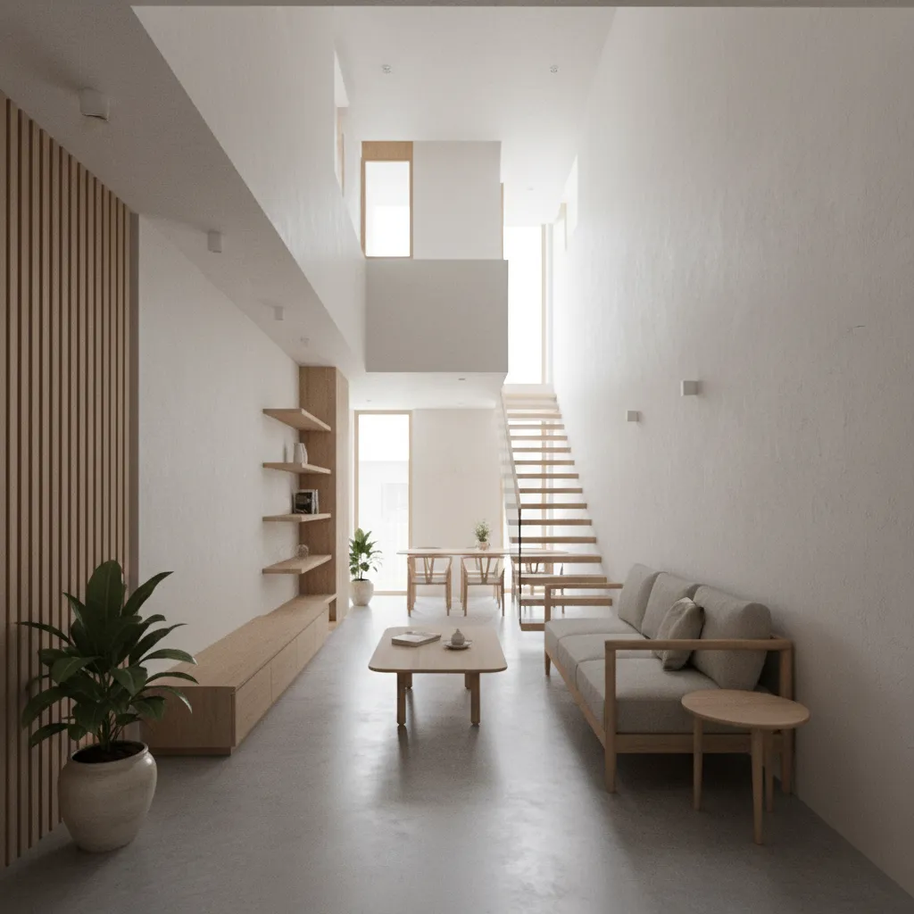 Minimalist living room with grey sofa wooden coffee table wall shelves and stairs in interior