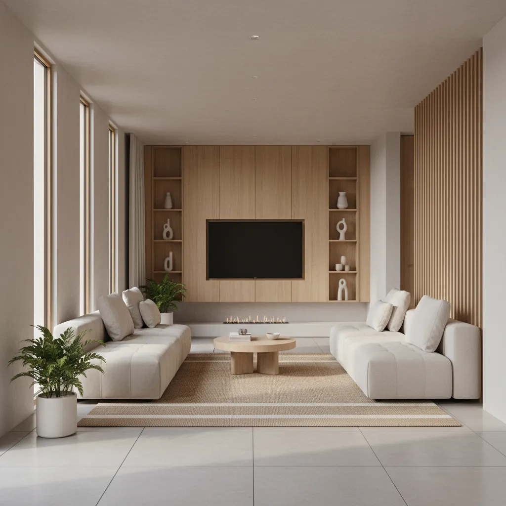 Phòng khách nhà ống phong cách tối giản với kệ TV treo tường