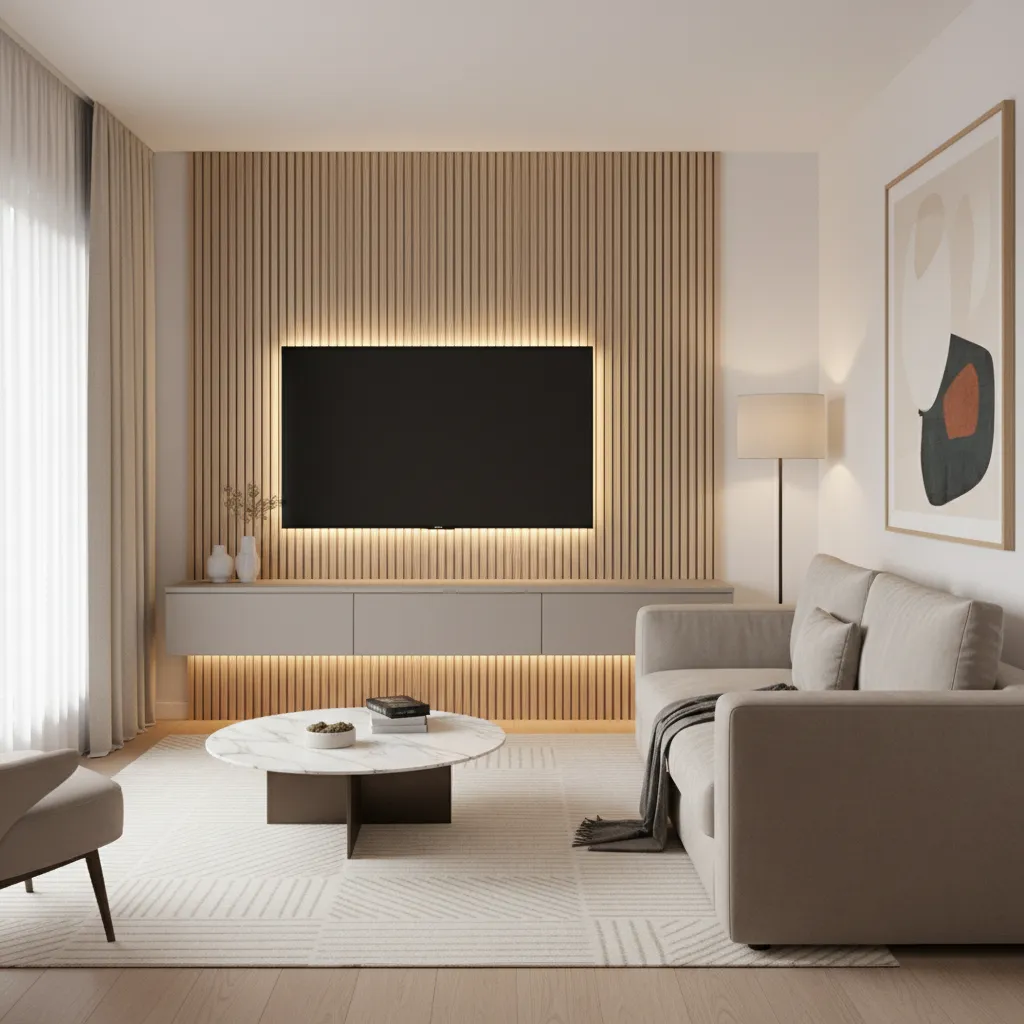 minimalist TV feature wall with wood slats in small living room