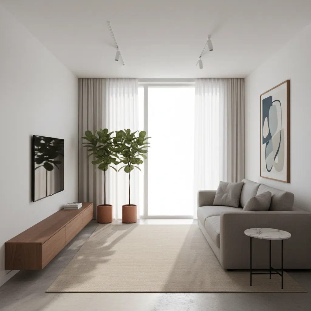 Minimalist living room with simple low profile TV stand