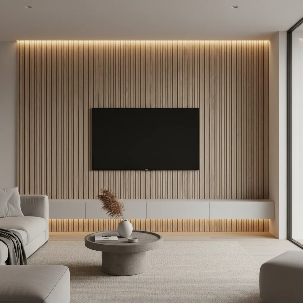 Minimalist TV wall with light wood slat panels and mounted television
