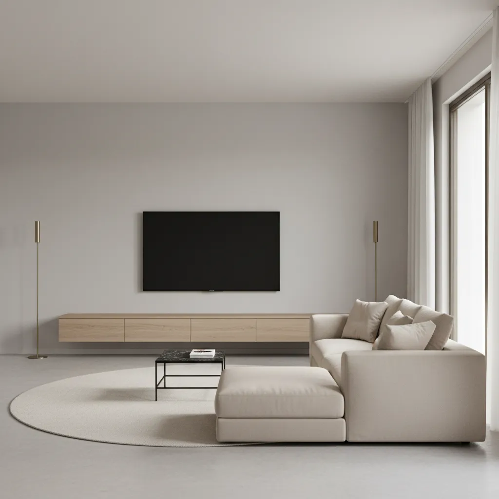 Minimalist living room featuring beige sofa with footrest wooden cabinet wall mounted TV and rug