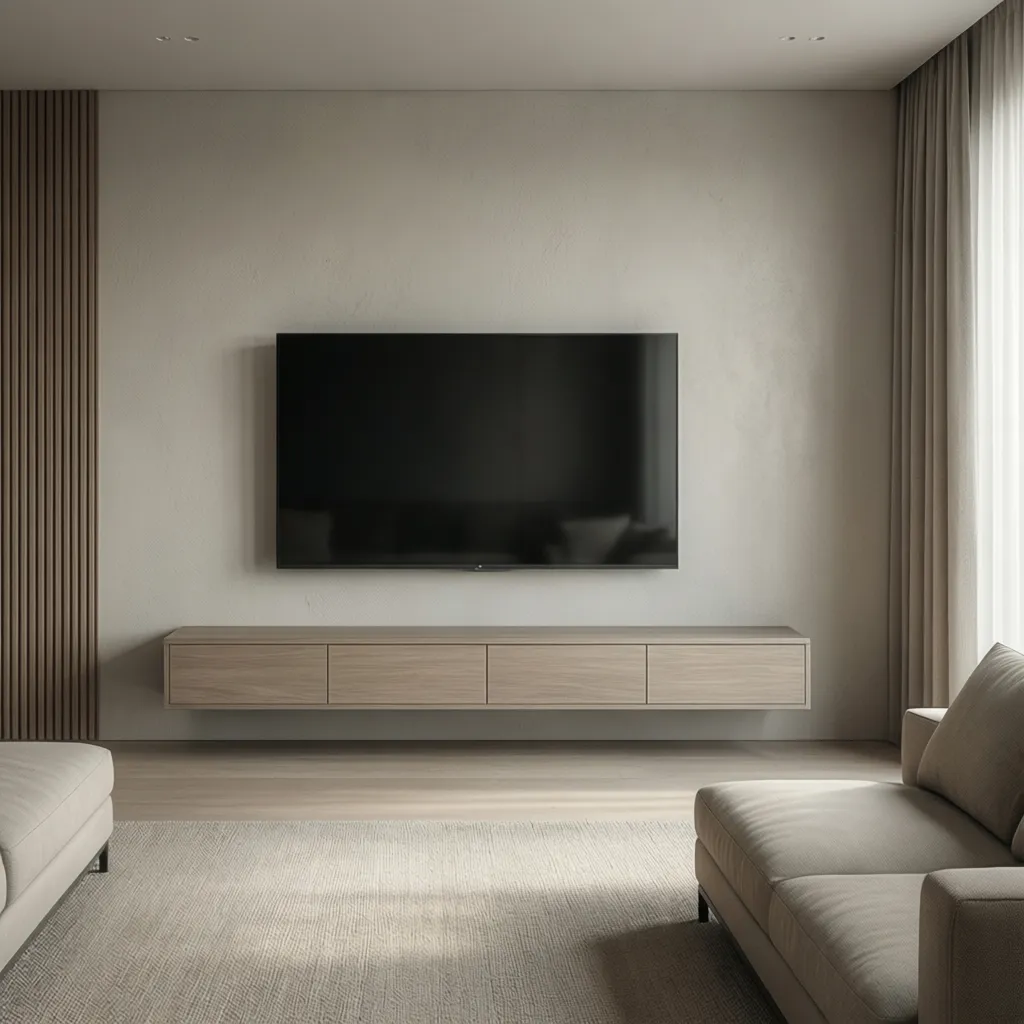 minimalist living room with simple wall mounted TV and floating cabinet