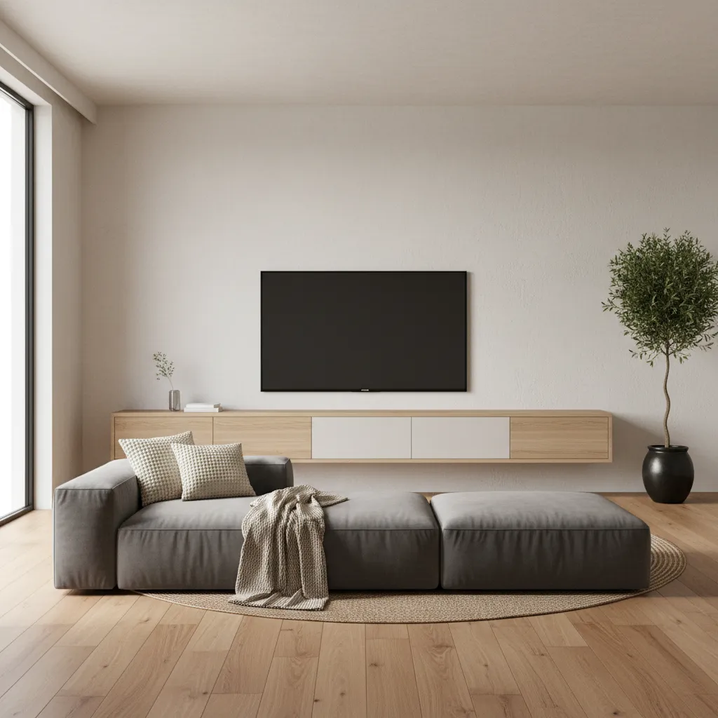 Modern minimalist living room with floating TV showcase unit