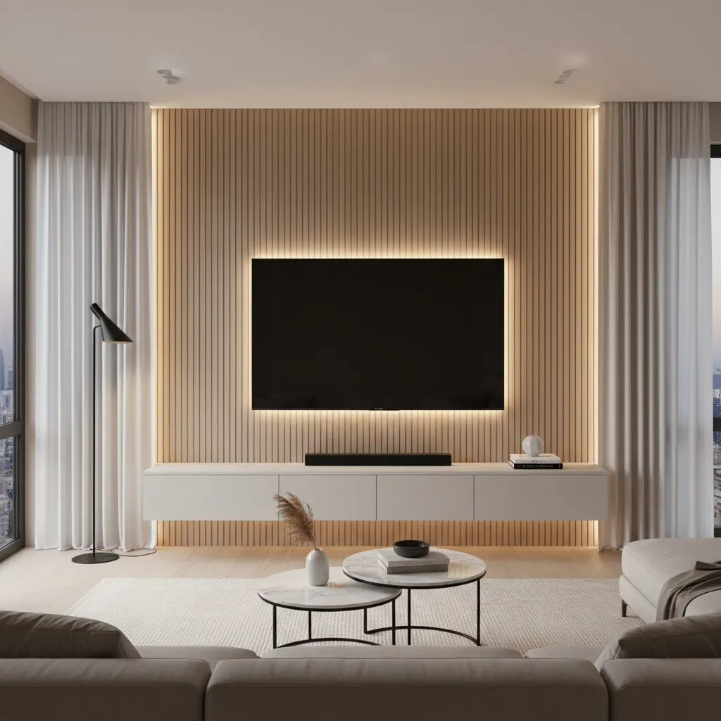 minimalist TV wall panel with floating cabinet in a compact living room