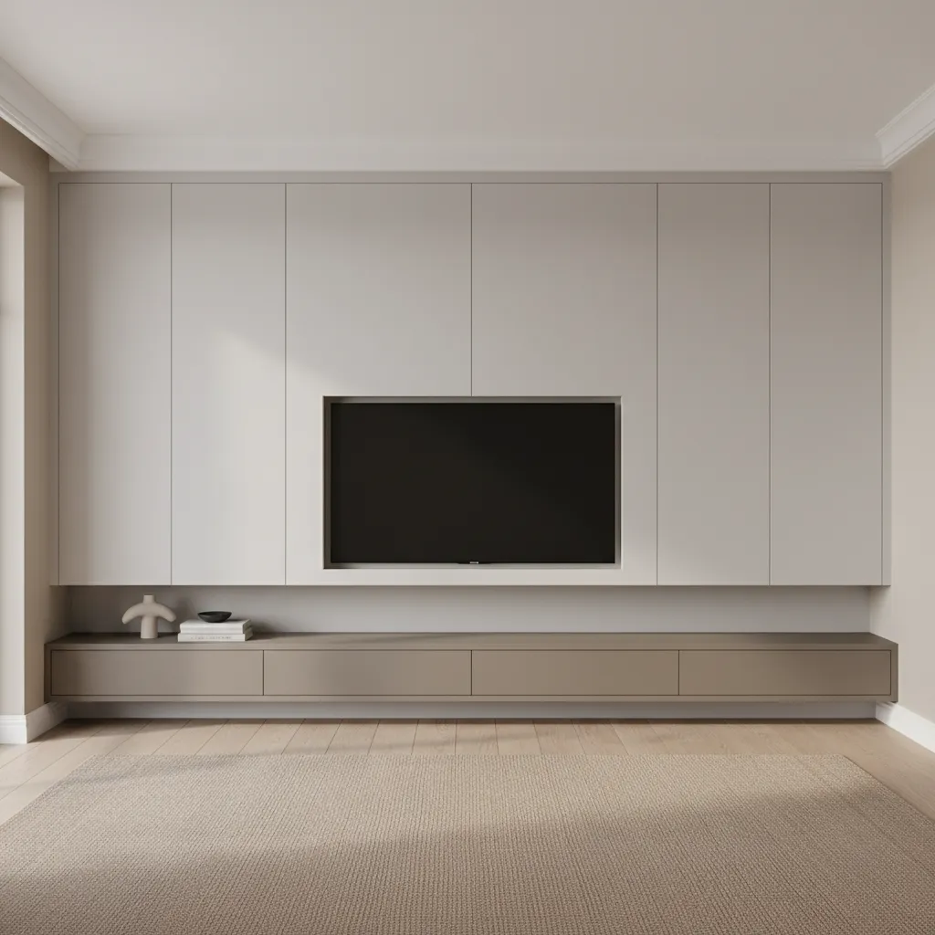 Minimalist living room with large wall cabinets, mounted television, floating storage unit, and beige carpet