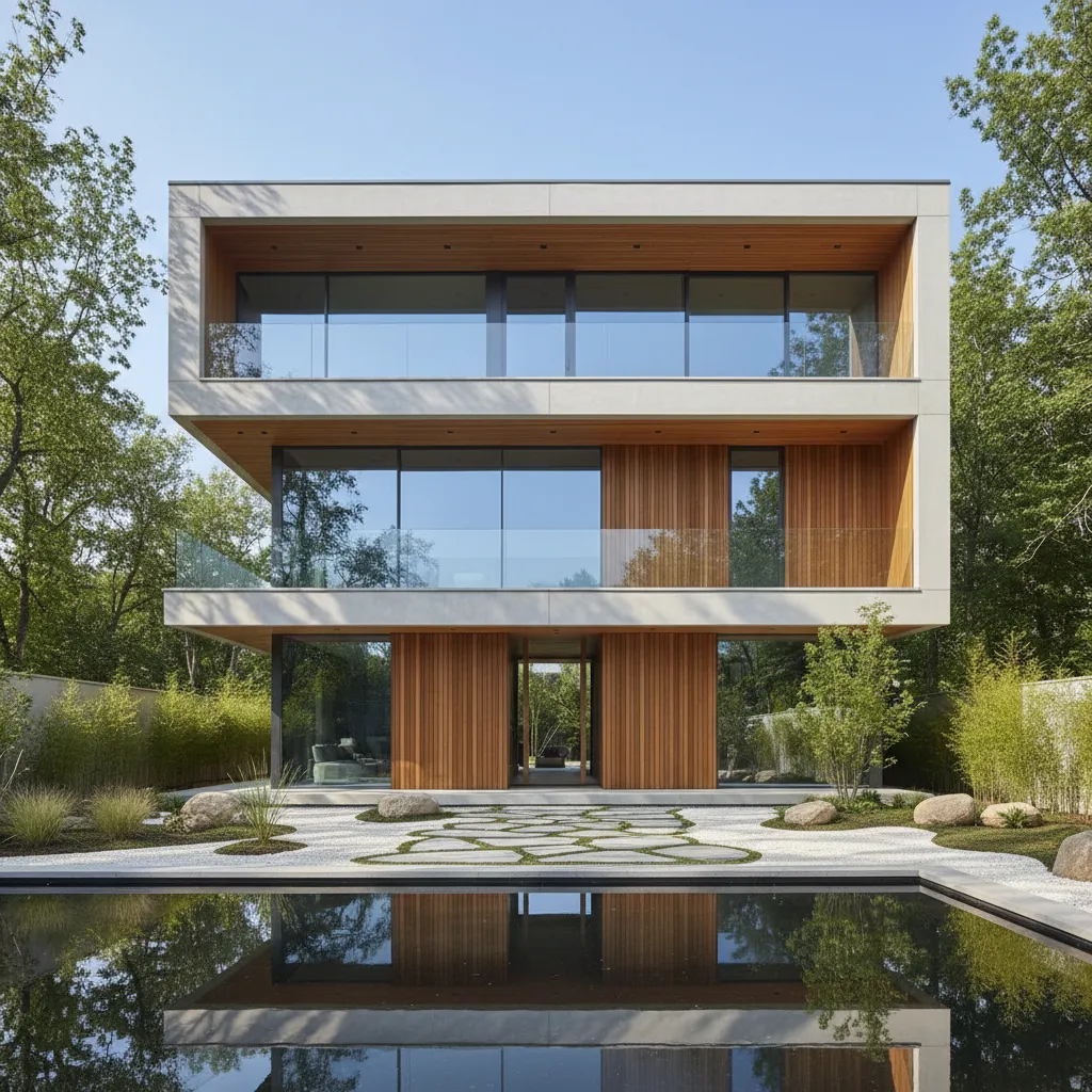 Modern three story house with glass windows wood wall panels stone path and a pond