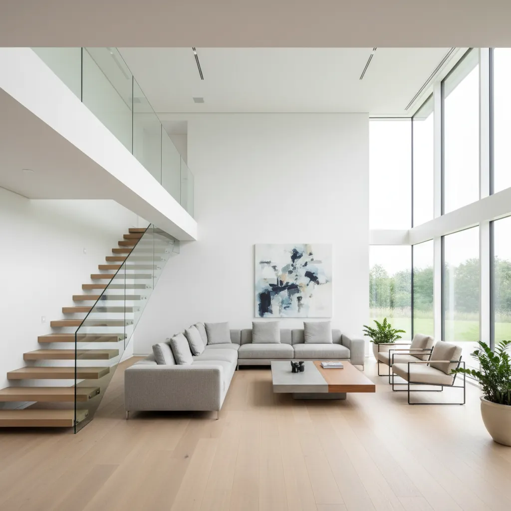 Interior minimalista de casa de dos pisos con sala abierta y escalera moderna