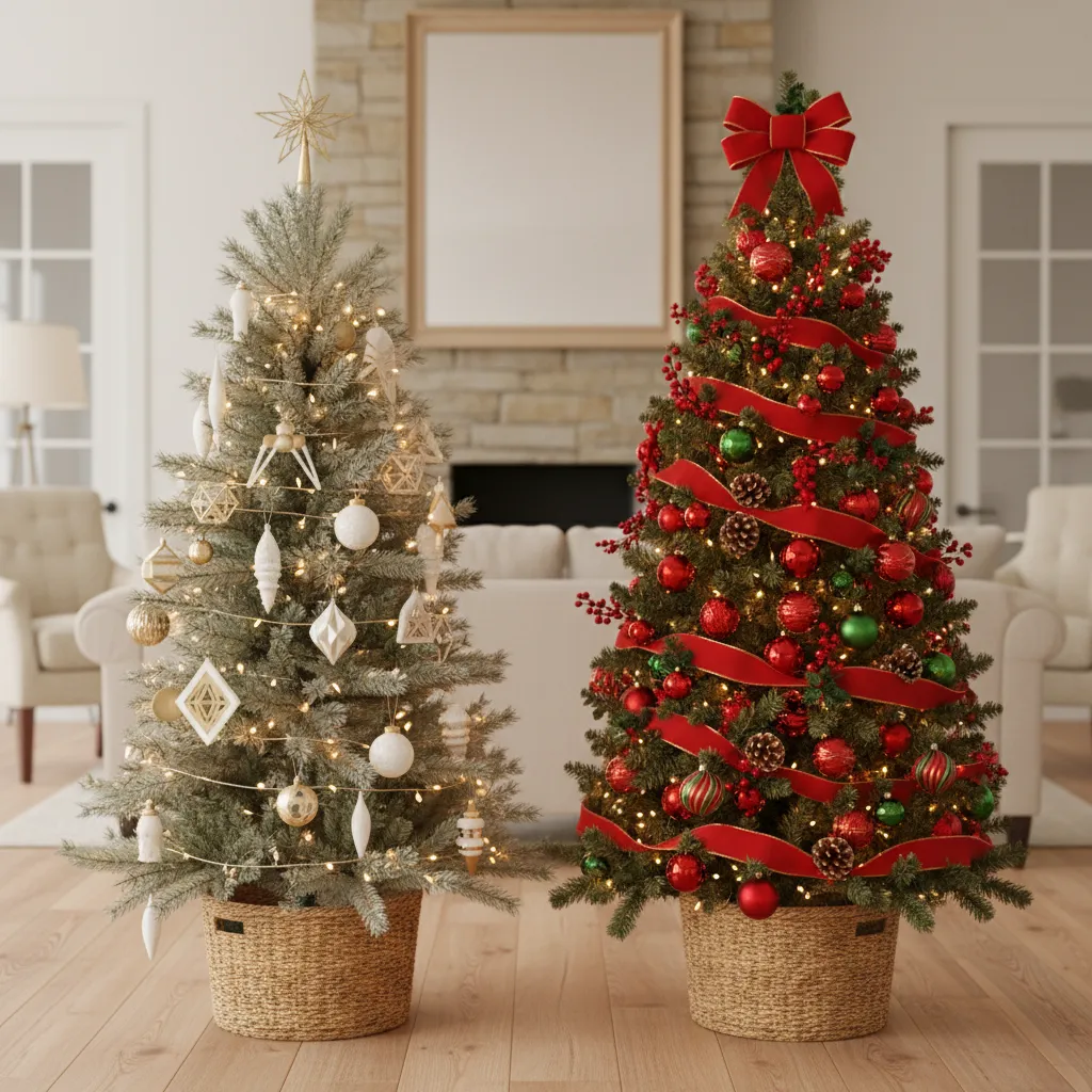 comparison of minimalist and traditional decorated mini Christmas trees